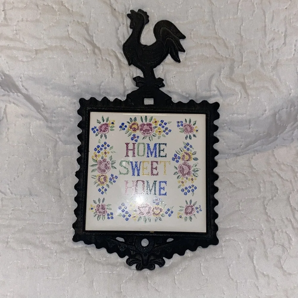 Trivet‎ Iron Tile Vintage Japan Enesco Home Sweet Home  Rooster Hot Cold